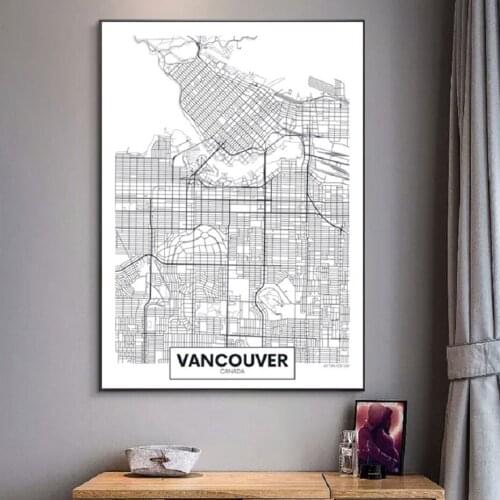 Famous City Map Vancouver Printed Canvas Painting Wall Art Pictures Black White Posters and Prints for Living Room Home Decor