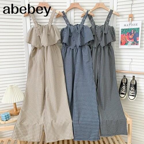 2021 New Summer Fashion Versatile sleeveless off shoulder Jumpsuit high waist pleated waist Ruffles plaid strap Jumpsuit