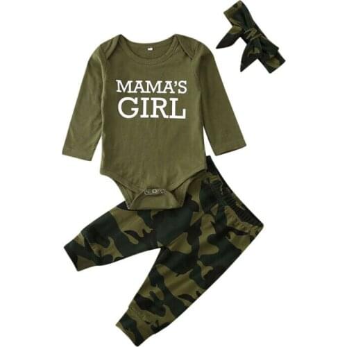 Infant Baby Boys Girls Mama‘s Boy /Girl Long Sleeve Romper Tops Camo Pants 3PCS Outfits Clothes Set