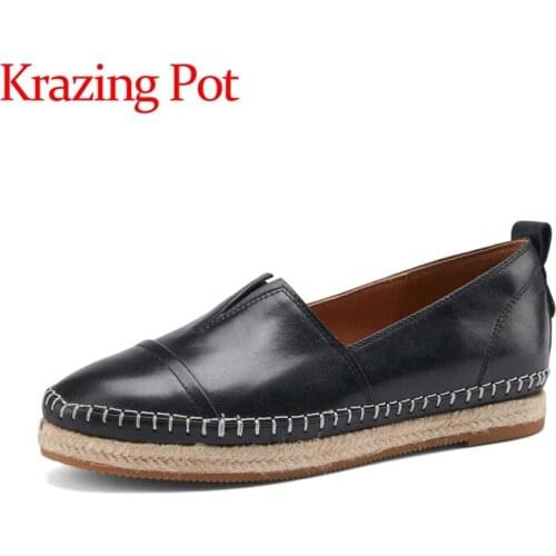 Krazing Pot genuine leather round toe low heels sewing simple style British school solid high quality slip on women flats L21