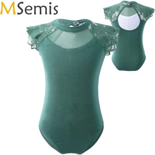 Lace Shoulder Leotard for Kids Girls Gymnastics Hollow Back Oval Shaped Leotards Dance Wear Performance Bodysuits Girls Jumpsuit