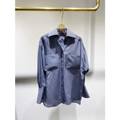 Fashion 2021 new ladies long sleeve sexy casual check silk shirt 1210