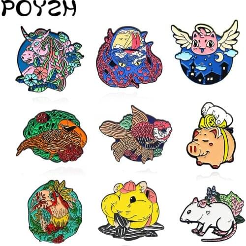 Fashion cartoon animal Enamel Pin Horse Octopus Cat Bird Fish Pig Rat Fun Brooches Backpack jackets custom Badge Lapel Pin