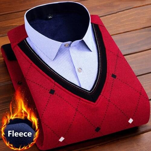 Mens Regular Fit Plus Velvet Thick Knitwear 2021 Autumn Winter Casual Fake Two Warm Sweaters Male Brand Shirt Collar Pullover