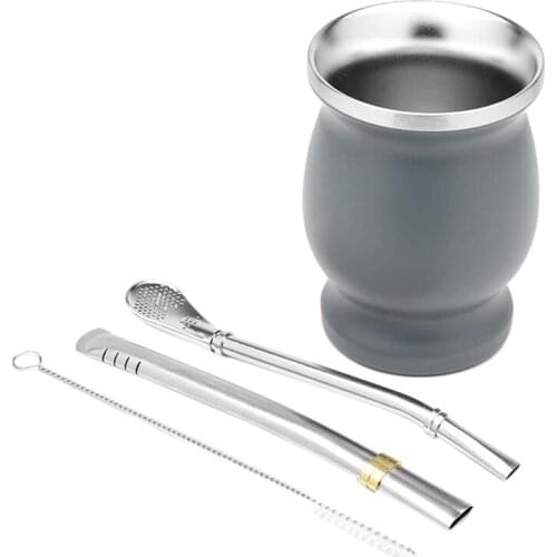 Double-Wall Stainless Yerba Mate Gourd Tea Cup Set Coffee Water Cup with 2 Bombillas Straws Spoon&Clean Brush 8Oz
