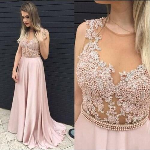 New Pink Long Evening Dresses 2019 Prom Dresses Zipper Back Sheer Neck Pearls Formal Evening Gowns Special Occasion Dresses