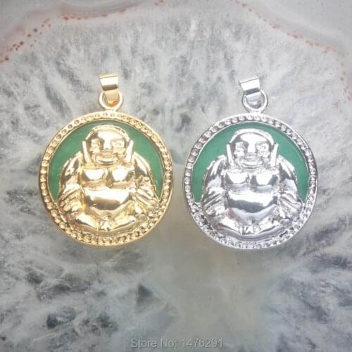 New 20X20MM Inlaid Oblate Imitation Green Jades Stone Hollow Cutting Buddha Pendant 1PCS