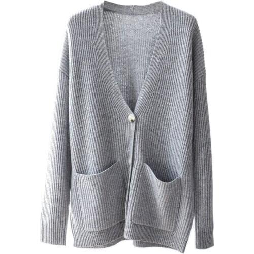 Office Lady Cute Cardigan Pockets V-Neck Cashmere Single Breasted Solid Full Sleeve Women Winter Sweater Clothes Spring/Autumn