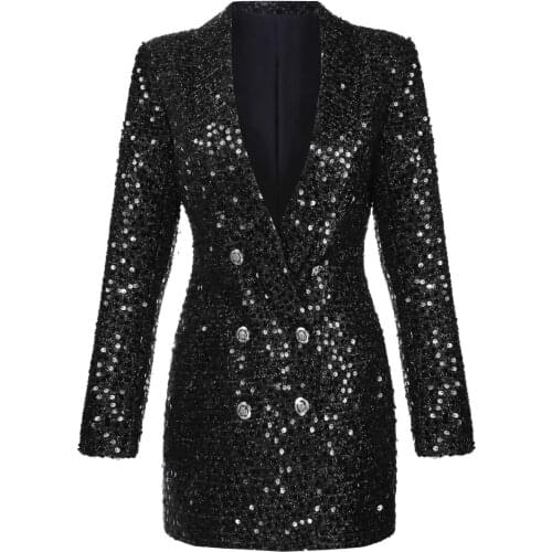 Autumn New Fashion Elegant Women Shawl Lapel Shiny Sequins Suit Jacket Female Double-breasted Long Coat Slim Fit Blazers Black