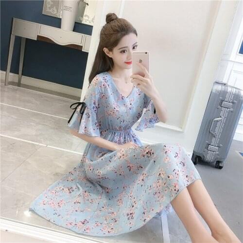 Women chiffon dress 2020 spring summer fashion female elegant vintage prited floral short sleeve loose a-line boho dress S-3XL