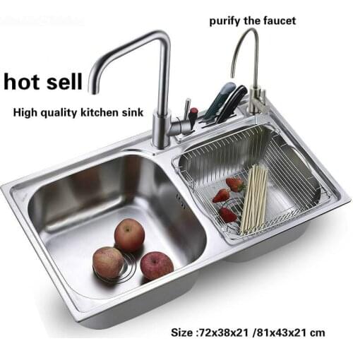 Tangwu Stainless steel double groove kitchen sink thickening and purify the faucet 72x38/75x40/78x43/81x43x21 cm