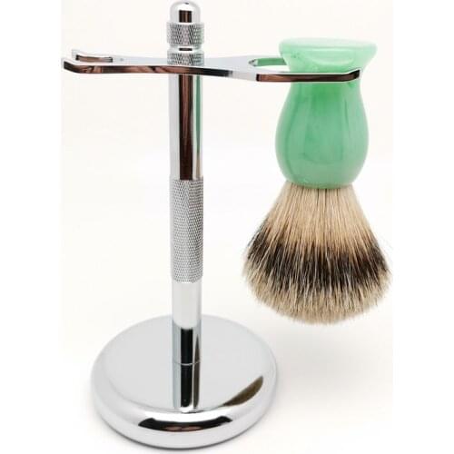 TEYO Silvertip Badger Hair Shaving Brush and Shaving Stand Set Perfect For Wet Shave Safety Razor Cream