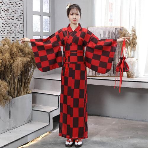 Japanese Traditional Kimono Women Long Robe Female Red Yukata Japanese Style Cosplay Costume Stage Performance Clothes DQL1418