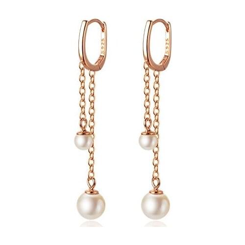 Retro Real. 925 Sterling Silver Fine jewelry Piercing Shell Peal Chain hoop huggie ear earrings Chain Tassel C-G9276