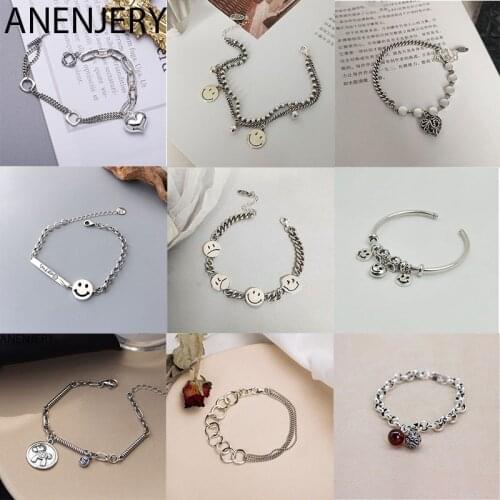 ANENJERY 925 Sterling Silver Smiling Face Love Heart Bracelet For Women Men Vintage Thick Chain Thai Silver Bracelet Wholesale