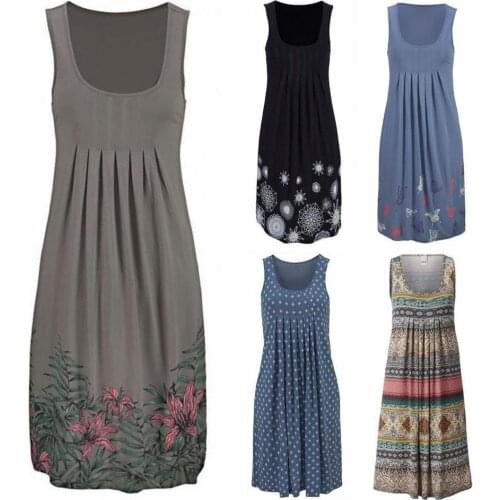 2020 Fashion New Women Summer Bohemian O-Neck Sleeveless A-Line Swing Dress Casual Tunic Plus Size Knee Length Loose Sundress