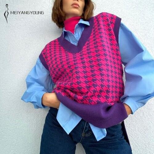 MEIYANGYOUNG Khaki V Neck Sleeveless Sweater Vest Knitted 2020 Jumper Split Long Vest With Houndstooth Oversized Waistcoat Tops