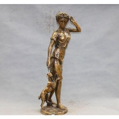 26 Western Art Decor Copper Bronze woman girl and Dog sculpture