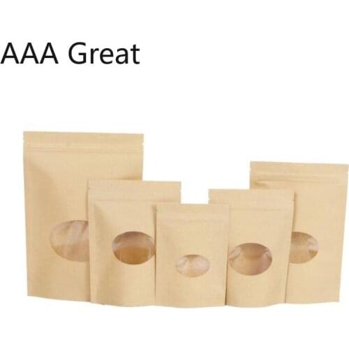 50Pcs/Lot Kraft Paper Window Zipper Bag Snack Seeds Stand Up Bags Dry Goods Nut Food Packaging Sealed Bag Storage Pouches Brown