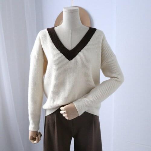 Jumper Sweater Coat Autumn Winter New Pattern Korean Suit-dress Hit Color V Lead Easy Knitting Rendering Unlined Upper Garment