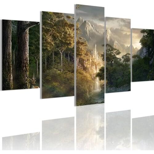 Mountain Green Forest Natural 5 Panels Canvas Painting Poster Wall Art Print Picture Living Room Interior Home Decoration Frame