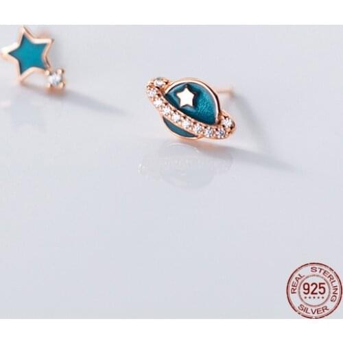 LKO 925 Sterling Silver Stud Earrings Simple Personality Asymmetry Zircon Planet Star For Women Jewelry Gifts Art Ear Ornaments