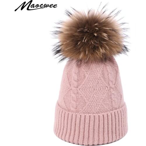 Cute Soft Winter Beanie Hat With Real Fur Hair Pompom Ball Girl Solid Color Windproof Warm Caps Knitted Crochet Women Hats Cap