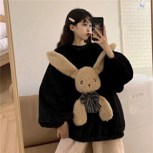 Cute Animal Lantern Sleeve Set Womens 2021 New Outer Wearable Autumn/Winter Thick Pajama Pants Home Service Two-piece Set