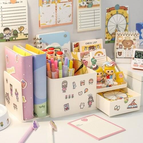 Multifunctional Kawaii ABS 2 in 1 Desktop Organizer Pen Holder Bookens Stand Holder Cute Desktop Storage School Stationery