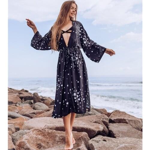 2020 Bikini Cover-ups Black Stars Printed Summer Deep V Neck Beach Dress Long Tunic Women Beach Wear Swim Suit Cover Up Kimono