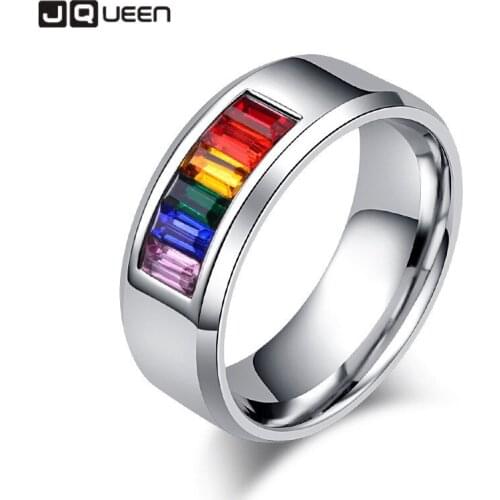 Fancy Diamonds Rhinestones Rainbow Flag Unisex Couples Titanium Steel Rings Men and Women Marriage Engagement Proposal Jewelry