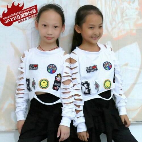 New Fashion spring autumn Childrens dance hip hop top girls Jazz brand costume loose performance wear hollow out sexy t-shirt