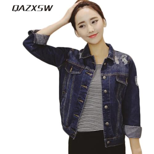 QAZXSW New Women Basic Coats 2018 Vintage Demin Coats Women Jeans Jacket Harajuku Streetwear Bomber Jacket Casaco Feminino HB541
