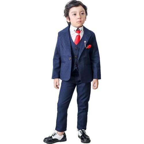 Flower Boys Solid Jacket Vest Pants 3Pcs Clothing Set Gentleman Kids Wedding Suit Children Performance Tuxedo Dress