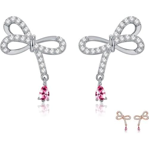 SILVERHOO 925 Sterling Silver Stud Earrings Bowknot Shaped Gigantic Love to Lovers Cubic Zirconia Pink Crystal Pendant Earrings
