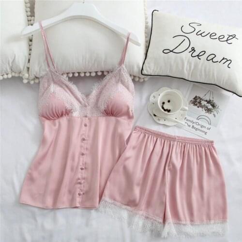 Blue Sleep Lounge Pajama Set Sexy Satin Sleepwear Women Summer Pyjama Femme Fashion Solid Pajamas for Women with Chest Pad 931