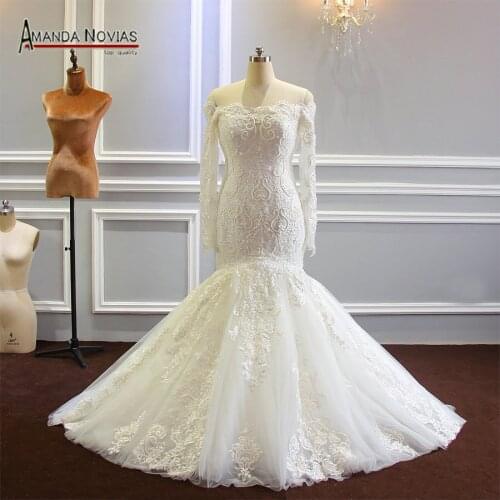 Full Beading Sleeves Mermaid Wedding Dress Boat Neckline 2019