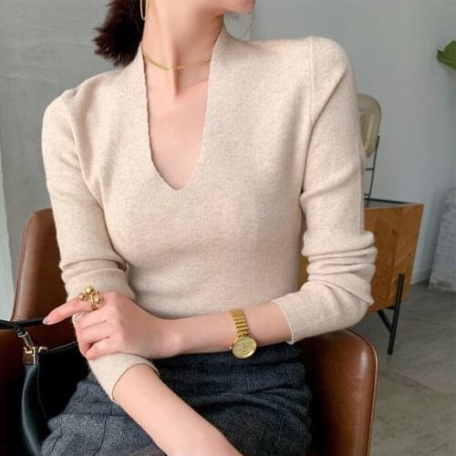 Sweater Womens V-neck 2020 Autumn Womens Fashion V-neck Sexy Undershirt Fashion Slim-Fit Sweater Long-Sleeve Knitwear Clothes