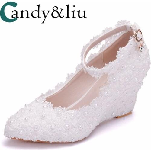 White Lace Wedding Shoes Super High Heel Wedges Appliques Pearl Beaded Women Pumps with Ankle Strap for Party Banquet Bridesmaid