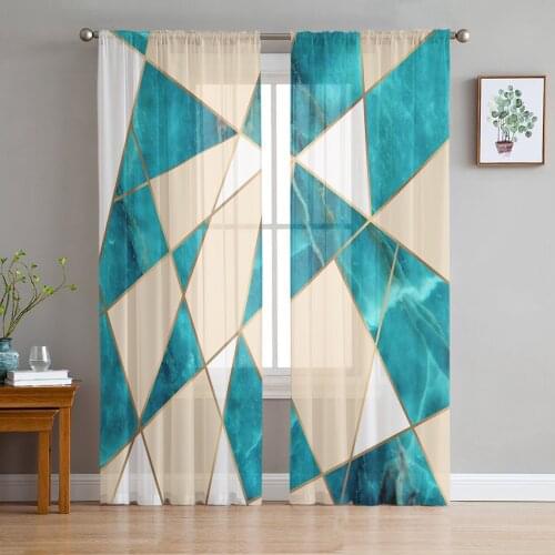 Squares Green Marble Texture Tulle Sheer Window Curtains for Living Room Kitchen Children Bedroom Voile Hanging Curtain