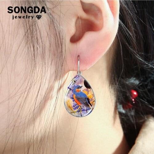 SONGDA Vintage Spring Bird Painted Earrings Bohemian Animal Flower Folk Art Glass Cabochon Tear Drop Earrings Hand Craft Jewelry