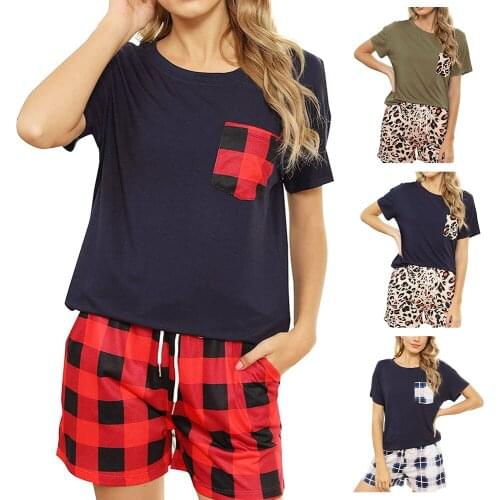 Women Short Sleeve Sleepwear Leopard/Plaid Pajamas Set 2 Pieces Nightwear Round Neck Shirt And Drawstring Shorts Casual Homewear