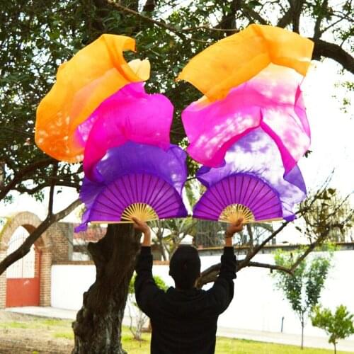 2016 High selling 100% Real Silk Veils 1 Pair handmade women Quality Silk Belly Dance Fan Dance purple rose orange 180*90 cm