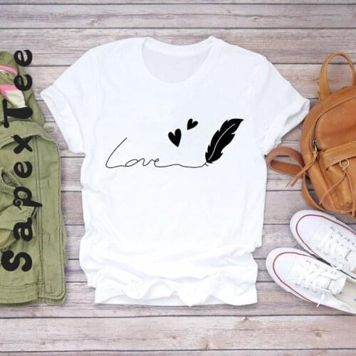 Women T-shirts Feather Love Simple Sweet Printing Summer Autumn Print Lady Womens Stylish T Top Shirt Girl Tee T-Shirt