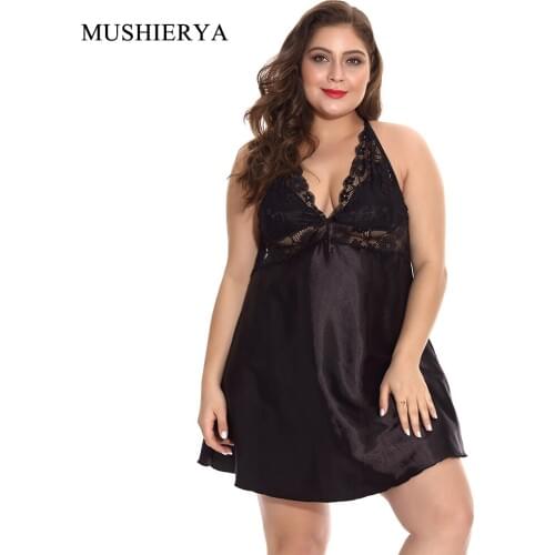 MUSHIERYA Plus Size Women Lingerie 3 Colors Sexy Satin Babydoll Mujer Erotic Deep V Lace Costumes Underwear Sexy Ladies Nighties