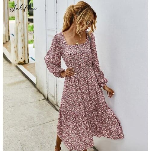 Autumn Winter Long Sleeve Elegant Women Long Dress Ladies Flower Square Collar Dresses Party 2020 Black Clothes For Woman