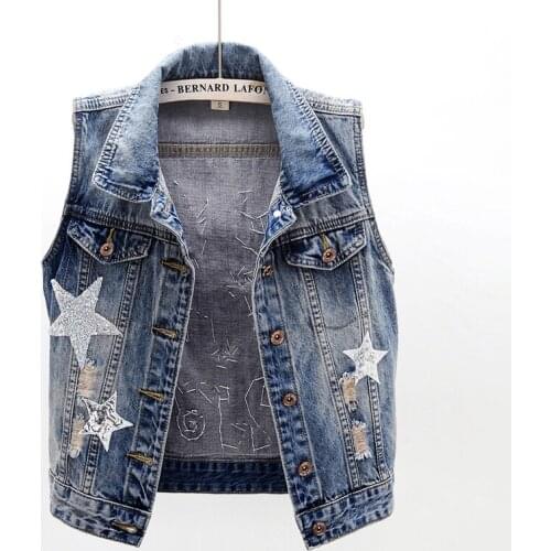 Summer New Fashion Star Sequins Short Denim Vest Women Waistcoat Sleeveless Jacket Coat Vintage Slim Jeans Vest Female JC218