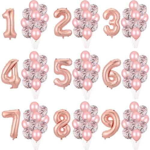 1set Rose Gold Number Foil Balloons Birthday Party Decoration Kids 1st First Baby Girl Princess 1 2 3 4 5 6 7 8 9 Years Old