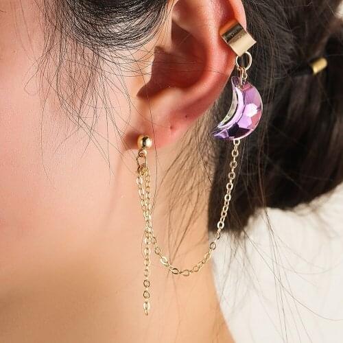 2021 Popular Clip Earring Gold Chain Long Tassel Earrings Retro Purple Crystals Moon Crescent Earcuff for Women Girls Earstuds
