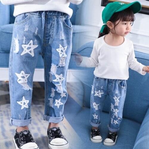 Baby Girl Ripped Jeans Star Pattern Pants For Girls Spring Autumn Hole Jeans Casual Children Trousers 1-5 Years Old Kids Clothes